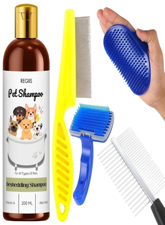 REGIIS Regius Pet Shampoo Set with Deshedding Brushes, Blue and Yellow Grooming Kit, 200ml Vitamin A and Aloe Vera Formula for All Types of Pets(Pack of 5) - Image 1
